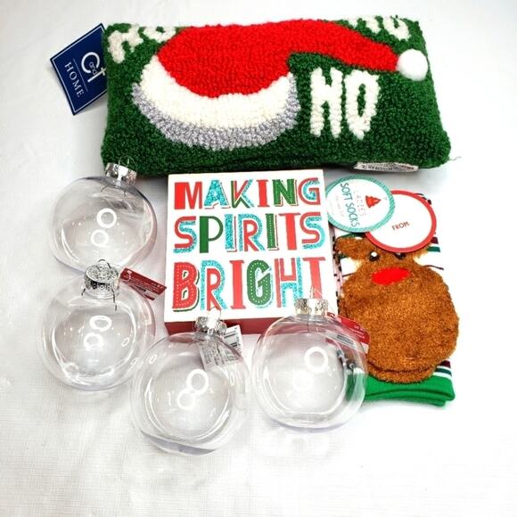 Holiday Pillow Reindeer Socks Wooded Plaque and Ornaments Bundle - Picture 1 of 7